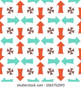 Bright seamless pattern with alternating geometric arrows and crosses.