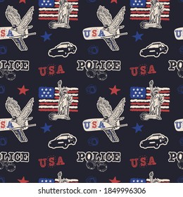 Bright seamless pattern with American flag, eagle, Statue of Liberty, stars for wrapping paper. Background with the US Police flag for the design of posters, t-shirts. 