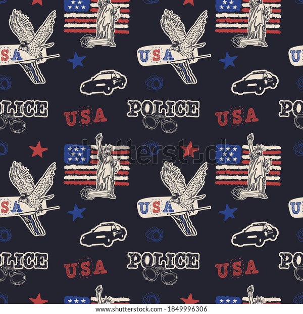 Bright seamless pattern\
with American flag, eagle, Statue of Liberty, stars for wrapping\
paper. Background with the US Police flag for the design of\
posters, t-shirts. 