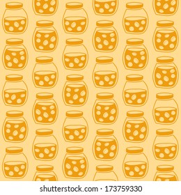 Bright seamless pattern with the apricot jam jars. Plain shadeless background with apricots for decoration or background.