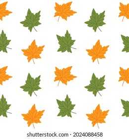 Bright seamless pattern with autumn leaves on a white background. Autumn vector illustration with orange and green maple leaves. For printing on textiles, packaging, clothing, fabric and much more.