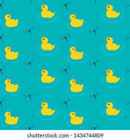 Bright seamless pattern baby ducks and dragonflies on turquoise background vector design art 