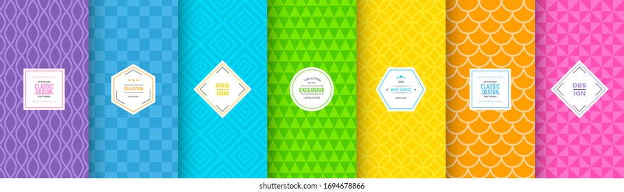 Bright seamless pattern background set. Vector illustration bright design. Abstract geometric frame. Stylish decorative label set. Rainbow color. Colorful geometric ornament. Feminine baby style