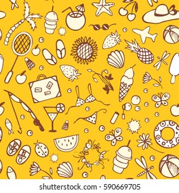 Bright seamless pattern background for summer time with shells, sunflowers, coconuts, cocktails, bags, butterflies, dragonflies, hats, swimwear, fishing rods, ice cream, palm trees, bubbles etc