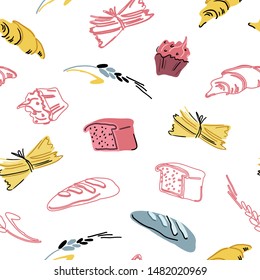 Bright seamless pattern. Bakery products, baking on a white background. Flat design elements for banners, cards, menus. Vector illustration in doodle style.