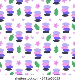 Bright seamless pattern with balanced stones, leaves and flowers. Vector illustration.