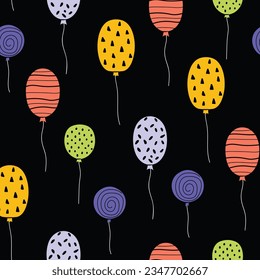 Bright seamless pattern with balloons. Hand drawn various balloon. Cute baby background. Funny decor for a party, birthday, textiles, clothing, packaging, interior.