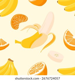 Bright seamless pattern with bananas and oranges on light background. Perfect for summer, packaging, fabric, and kids design.