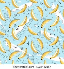 Patrón luminoso sin fisuras con plátanos y hojas de palma. Ilustración tropical vectorial.