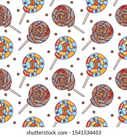 Bright seamless pattern for basketball. Print for clothes, textiles, wrapping paper, web. Background with lollipop and balls for New Year holidays, sports cards, posters, birthday.