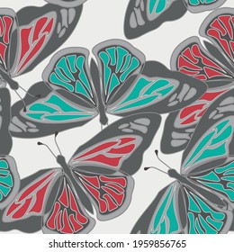 Bright seamless pattern with BATTERFLIES. Stylish minimalistic colorful print for fabric, wallpaper, bedding, greeting card or wrapping paper. Background or textile. EPS 10 vector
