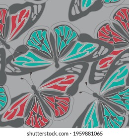 Bright seamless pattern with BATTERFLIES. Stylish minimalistic colorful print for fabric, wallpaper, bedding, greeting card or wrapping paper. Background or textile. EPS 10 vector
