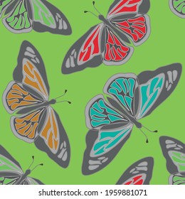 Bright seamless pattern with BATTERFLIES. Stylish minimalistic colorful print for fabric, wallpaper, bedding, greeting card or wrapping paper. Background or textile. EPS 10 vector

