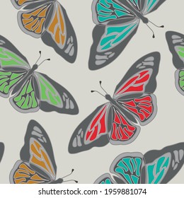 Bright seamless pattern with BATTERFLIES. Stylish minimalistic colorful print for fabric, wallpaper, bedding, greeting card or wrapping paper. Background or textile. EPS 10 vector
