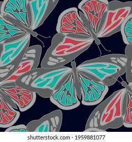 Bright seamless pattern with BATTERFLIES. Stylish minimalistic colorful print for fabric, wallpaper, bedding, greeting card or wrapping paper. Background or textile. EPS 10 vector
