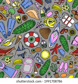 Bright seamless pattern with beach accessories and tropical fruits