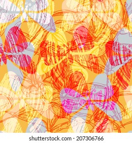 Bright seamless pattern with beautiful contours lilies and butterflies flying