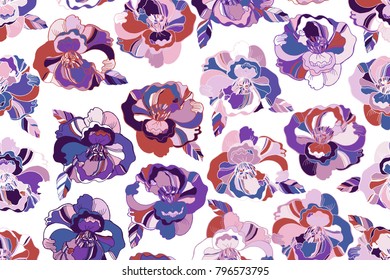 Bright seamless pattern with beautiful ranunculus and meadow flowers. Trendy ultraviolet colors. Floral background for home textiles, interiors, linens, cotton fabric.