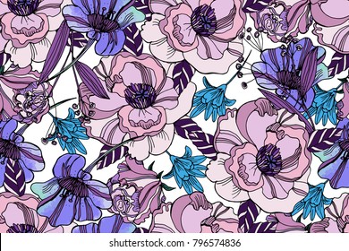 Bright seamless pattern with beautiful ranunculus and meadow flowers. Trendy ultraviolet colors. Floral background for home textiles, interiors, linens, cotton fabric.