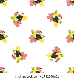 Helles, nahtloses Muster mit schönem Toucan. Vektordesign für Tapeten, Geschenkschachteln, Textilien, verschiedene Dekorationen