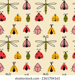 Bright seamless pattern with beetles, ladybugs and dragonflies.