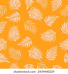 Bright seamless pattern with beige palm leaves on orange background. Handdrawn vector design.