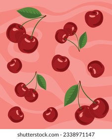 Bright seamless pattern with big juicy realistic cherries on pink background with waves
