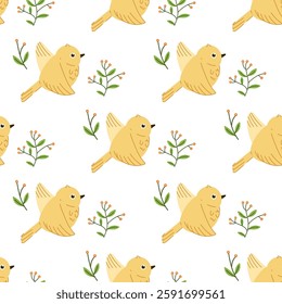Bright seamless pattern: bird and flower, leaf, branch isolated in the background. A hand-drawn vector illustration with individual editable elements. Design for wallpaper, textiles and postcards.