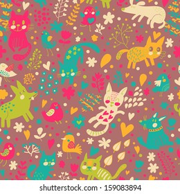 Bright seamless pattern with birds, cats and cute dogs in vector. Seamless pattern can be used for wallpapers, pattern fills, web backgrounds,surface textures. Gorgeous childish wallpaper