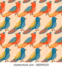 Bright seamless pattern with birds and flowers in retro style. Vector illustration