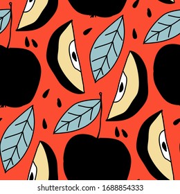 Bright seamless pattern of black apples, halfs, leaves