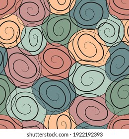 Bright seamless pattern with black curls on a multicolored background with circles. Stylish vector design for decoration. Endless texture.
