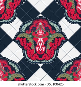 Bright seamless pattern. Black and white square pattern with decorative flowers. Oriental style. Decorative indian ornament. Design for wrapping paper, textile, fabric