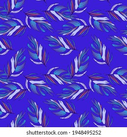 Bright seamless pattern, blue background, decor and printing on fabrics, wrapping paper and wallpaper. Bird feathers. Drawing in vector.