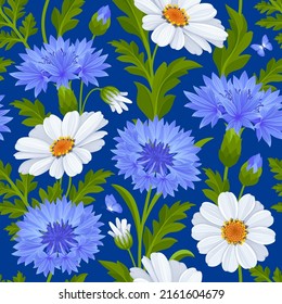 Bright seamless pattern with blue cornflowers flowers, white daisies and leaves. Surface design for any decoration, textile printing, printed issues, greeting cards. Vector illustration.