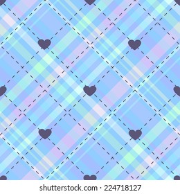 Bright seamless pattern with blue diagonal stripes, hearts, embroidered diamonds and cells for girls