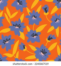 Patrón luminoso y sin fisuras con flores azules sobre un fondo naranja. Textura dibujada a mano de doodle de moda en vector. Perfecto para el diseño de telas de tela tapizados de regalo y la reserva de chatarra.