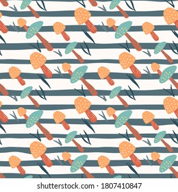 Bright seamless pattern with blue and orange mushrooms. White and navy blue stripped background. Decorative backdrop for wallpaper, textile, wrapping paper, fabric print. Vector illustration.