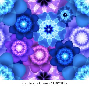 Bright seamless pattern with blue and purple flowers