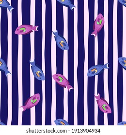 Bright seamless pattern with blue and purple fish shapes ornament. Navy blue and grey striped background. Designed for fabric design, textile print, wrapping, cover. Vector illustration