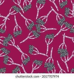 Bright seamless pattern with blue yarrow plants silhouettes. Pink background. Medical random plants backdrop. Graphic design for wrapping paper and fabric textures. Vector Illustration.