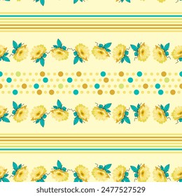 Bright seamless pattern with borders of yellow flowers, horizontal stripes and border polka dot in pastel palette. Ornaments can be used on its own as horizontal seamless border. For textile. Vector.