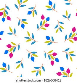 Bright seamless pattern with branches, berries and leaves on white background. Repeat abstract botanical pattern. Vector illustration.