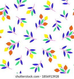 Patrón luminoso sin fisuras con ramas, bayas y hojas sobre fondo blanco. Repetir el patrón botánico abstracto. Ilustración vectorial.