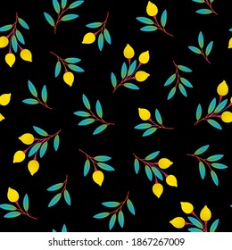 Bright seamless pattern with branches, berries and leaves on black background. Repeat abstract botanical pattern. Vector illustration.