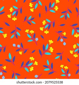 Bright seamless pattern with branches, berries, flowers and leaves. Repeat abstract botanical pattern. Vector illustration.
