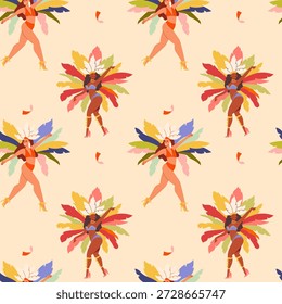 Bright seamless pattern Brazilian carnival. Dancing Brazilian woman at a carnival in Brazil, wearing a feathered outfit. Vector illustration