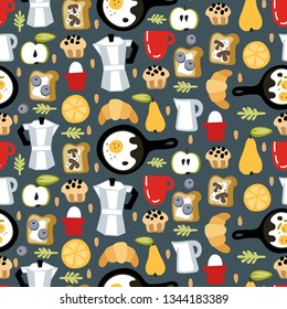 Bright seamless pattern. Breakfast items food and drink in doodle style.