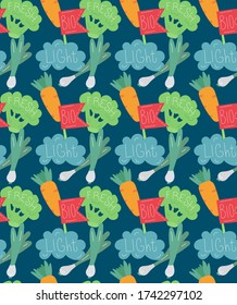 Patrón transparente brillante, brócoli y zanahorias al estilo escandinavo. Fondo único dibujado a mano. Ilustración vectorial moderna.