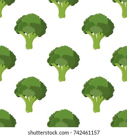 Bright seamless pattern with broccoli. Tasty background. White and green colors. Vector illustration.
